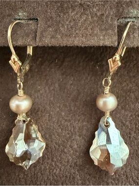Gold Pearl and Crystal Drop Earrings - Elegant Champagne Tones